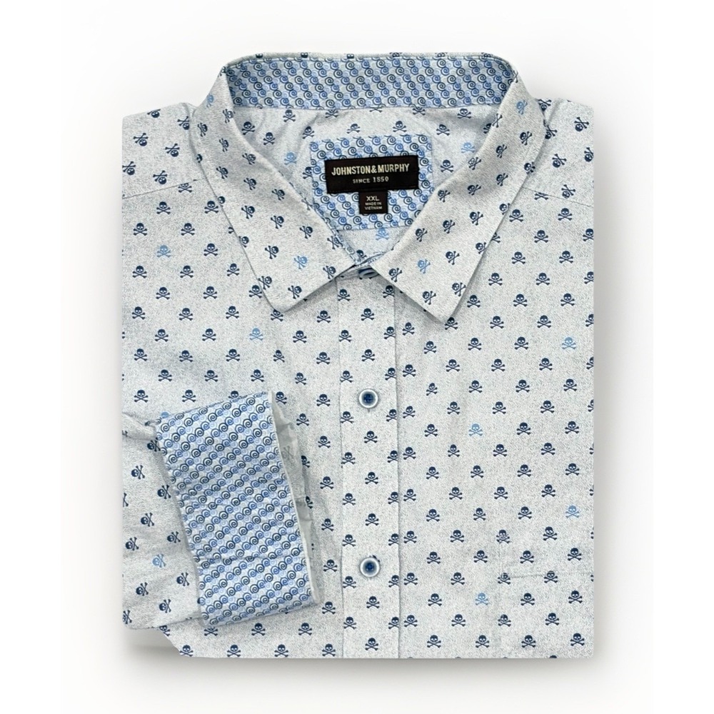 Johnston & Murphy Mens XXL‎ Skull All Over Print Button Shirt Long Sleeve Gray